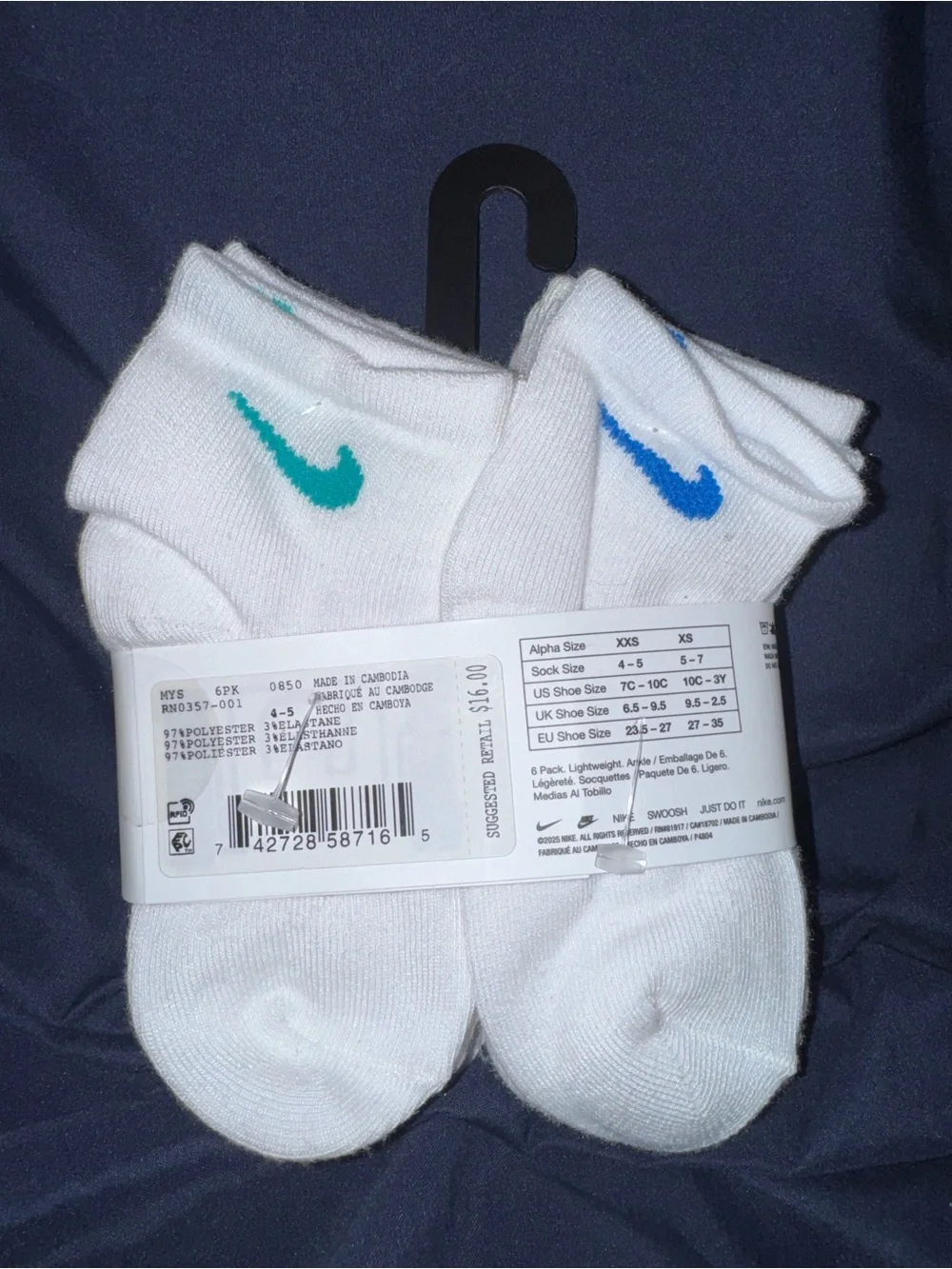 Nike White Ankle Socks with Pink,Purple,Neon Yellow, Blue and Green Swooshes-6Pk